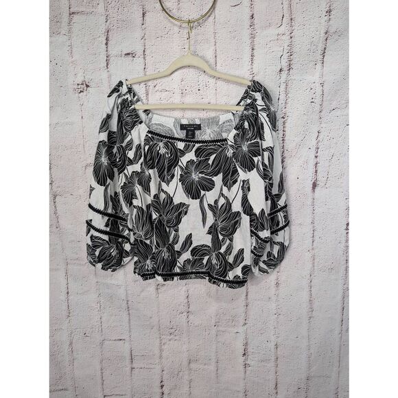 Tahari Tops - Tahari‎ Black & White Floral 100% Linen Top Blouse with Balloon Sleeve Sz XL